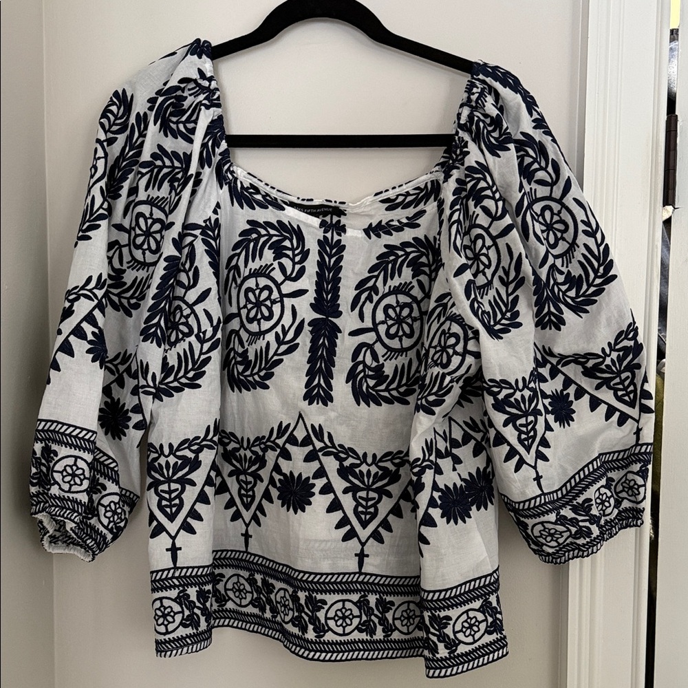 Saks Fifth Avenue Navy Embroidered Blouse